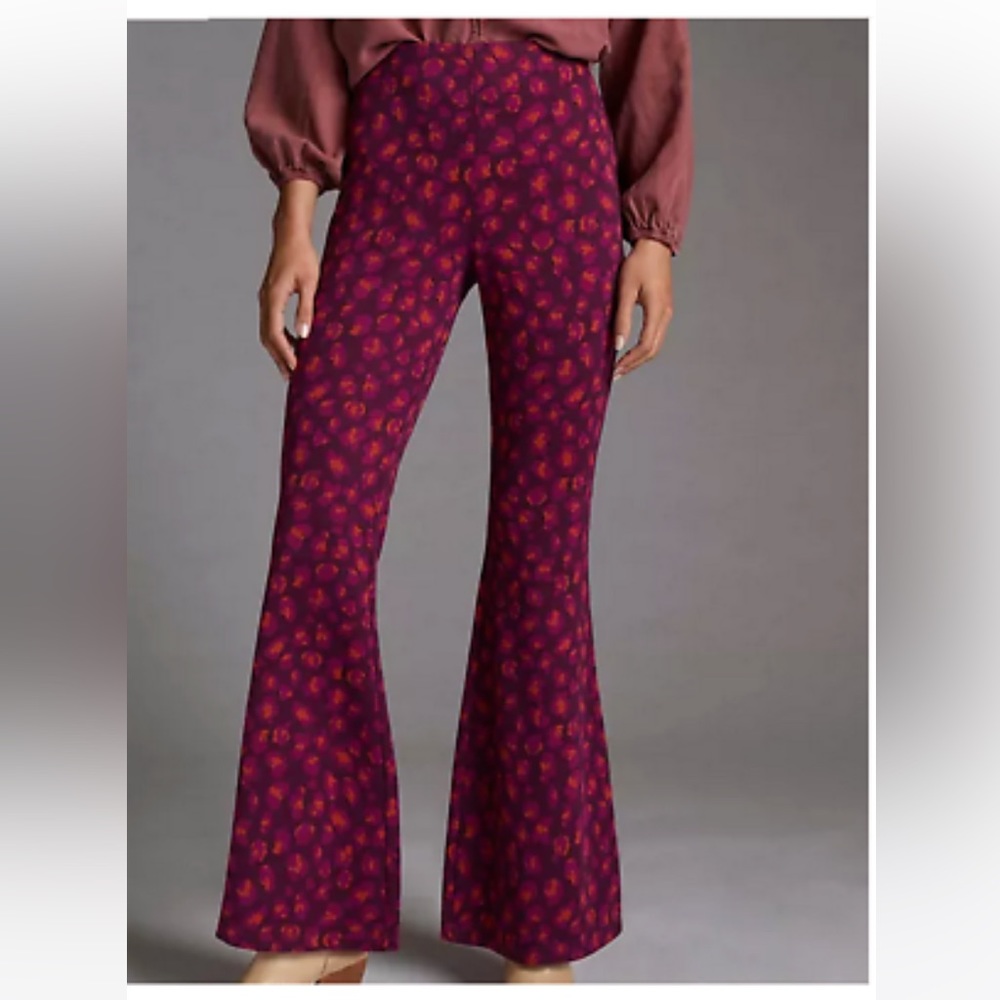 Anthropologie Knit Flare Pant Plum Purple Animal Print Bell Bottoms - Size S